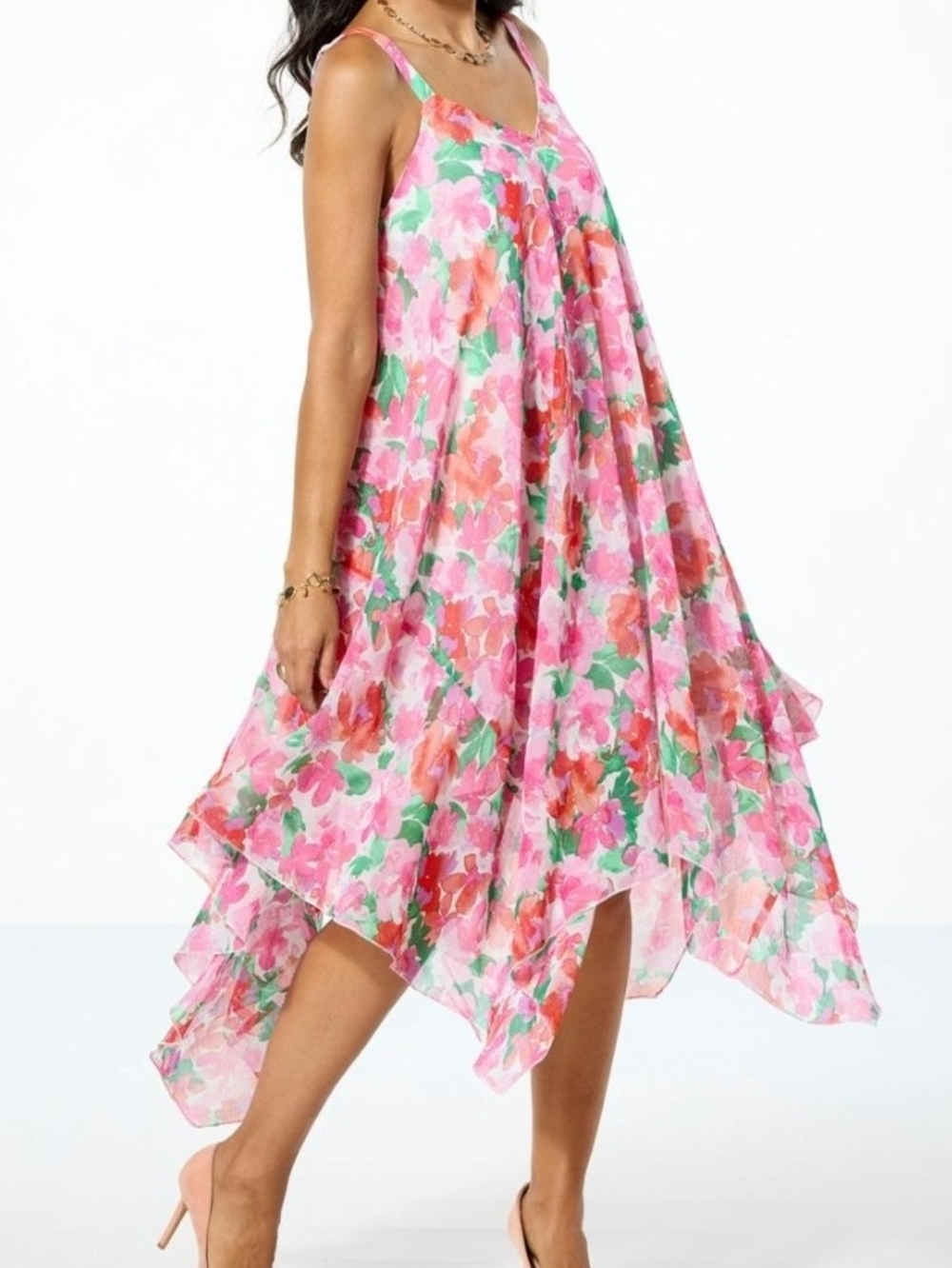 Nina Leonard Pink Floral Watercolor Handkerchief Hem Sundress Large